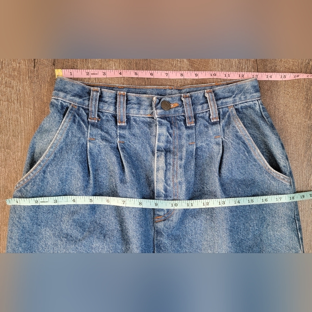 90s Vintg Denim Maxi Skirt Womens 7/8 Med Wash Blue 100% Cotton Fitted w/ Pleate - Picture 8 of 11